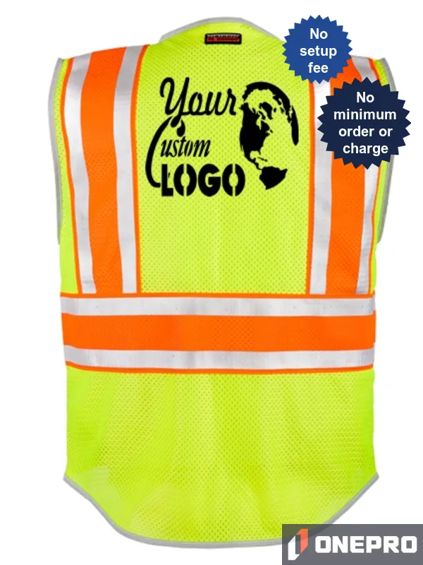 Lime, \u0027Ultimate\u0027 Reflective Class 2, Ultra-Cool Mesh, Black Bottom, LARGE w/Custom Logo