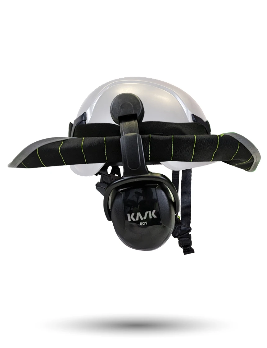 White KASK Zenith X2 ANSI Safety Helmet with Green Ear Muffs (Low to