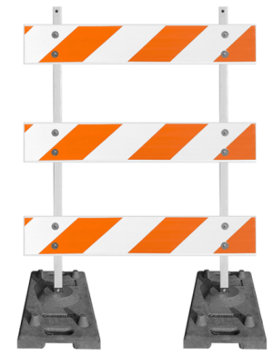 Power Post Uprights with Rubber Ballast Feet Type 3 Barricade with 4' Plastic Rails