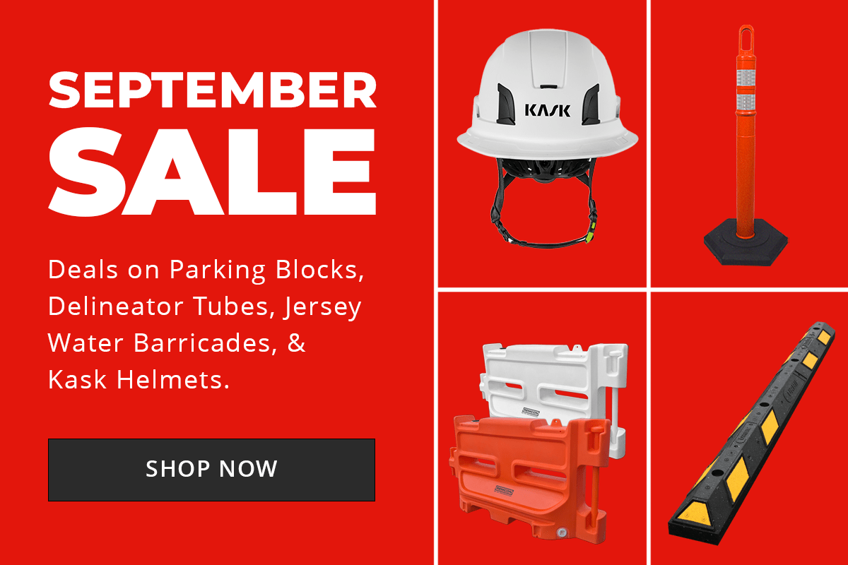 August Sale Banner featuring traffic cones, roll-up signs, traffic signs, construction signs, sign stand and jersey barriers