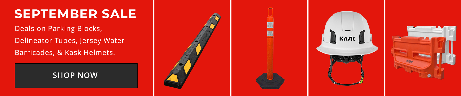 August Sale Banner featuring traffic cones, roll-up signs, traffic signs, construction signs, sign stand and jersey barriers