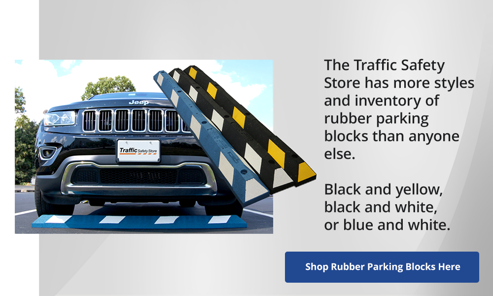 The traffic safety store has more styles and inventory of rubber parking blocks than anyone else. Black and yellow, black and white, or blue and white. Shop Rubber Parking blocks here.