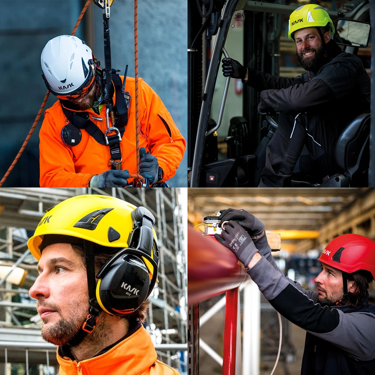 Image of different color helmets worn by four different people.