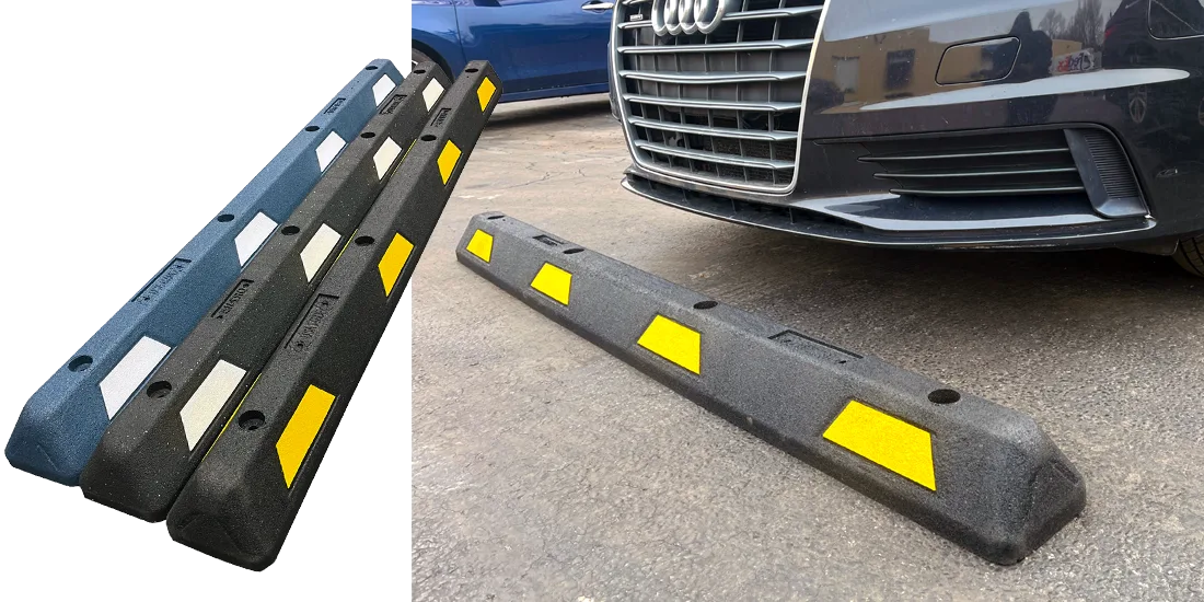 3 Plasticade Rubber Parking Blocks, with another one placed in front of a vehicle