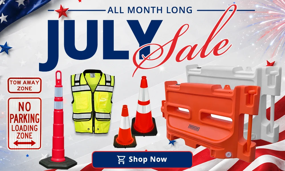 July Sale Banner featuring barricades, cones, safety vests, traffic signs, looper tubes