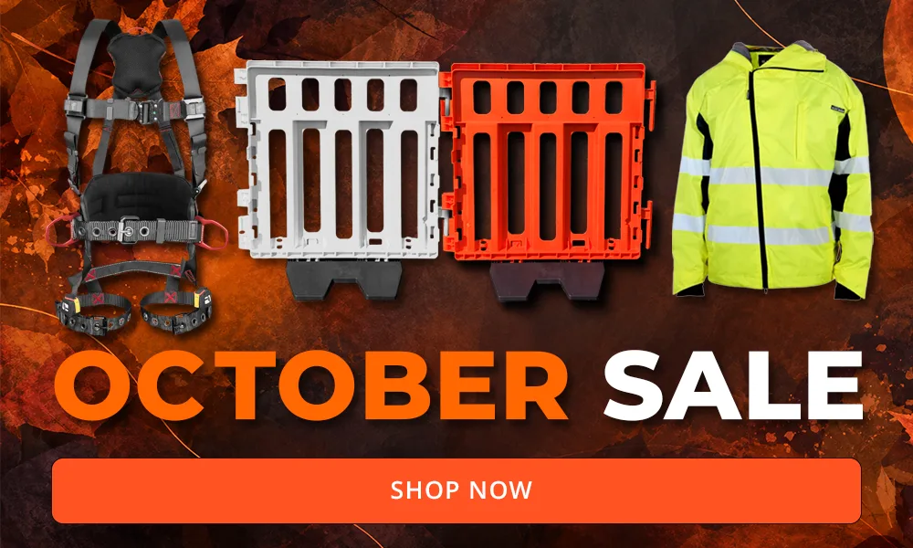 October Sale Banner featuring traffic cones, roll-up signs, traffic signs, construction signs, sign stand and jersey barriers