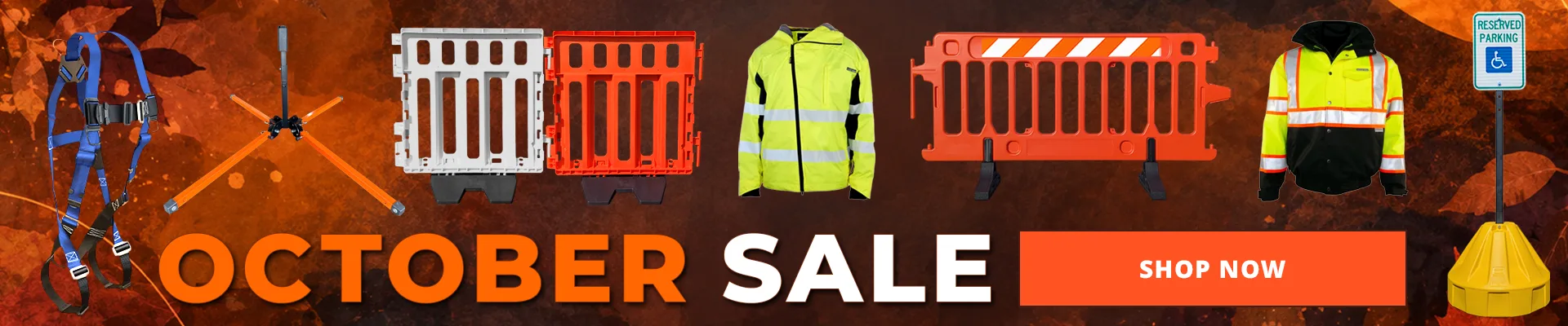 October Sale Banner featuring traffic cones, roll-up signs, traffic signs, construction signs, sign stand and jersey barriers